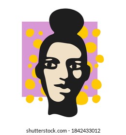 Female face pop-styled stencil vector illustration. Modern pop-art composition for posters, covers, placards, handbills, flyers, web banners, social media posts.