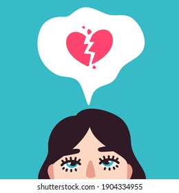 Female face portrait, broken heart feeling and depression, breakup concept. Vector illustration of Woman with love relationship problems. Frustrated or confused lonely girl. Single at Valentine's day