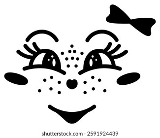 Female face with positive emotions. Sketch. Romantic mascot with freckles laughs, bow decoration, eyelashes. Vector illustration. Outline on isolated white background. Doodle style. Cute grimace. 