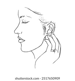 female face in profile with closed eyes touches her earring with her hand - hand drawn doodle