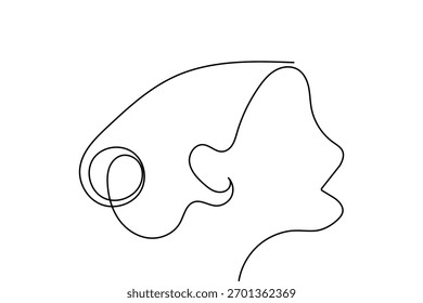 Female face profile continuous one line art minimalist outline vector illustration isolated on white background
