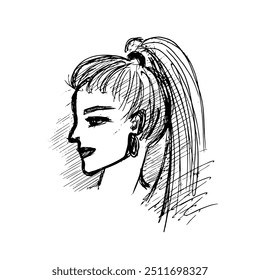 Cara femenina de perfil - dibujo, peinado de cola de caballo. Cara de maquillaje de niña