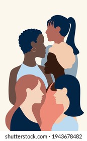 Female face profile, group of girls of different races, style of minimalism , hand drawn. Packaging, wallpaper, poster, room interior decor, design for textiles, postcard, concept, clipart, vector