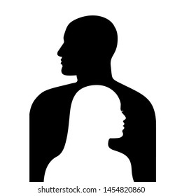 Female face in profile on a background of male face silhouette. Man and woman silhouettes looking in different directions. Vector illustration isolated on white background.