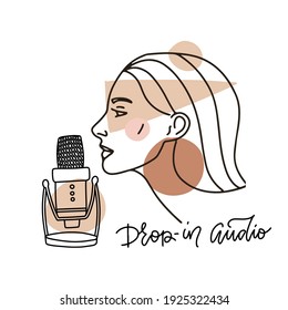 Female face in profile speaking in mic. Trendy abstract linear concept online speaking. Drop-in audio lettering text. Outline hand drawn vector illustration in beige pastel colors