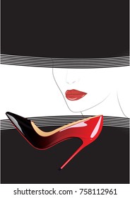   female face - red lips - black veil - realistic high-heeled shoes - art creative modern vector illustration