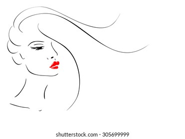 Female face with red lips. Vector.