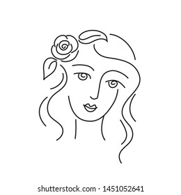 Female  face with rose flower. Woman with rose petals in hair. Vector beauty floral logo, sign, label design. Concept for beauty salon, massage, spa, natural cosmetics, hairstyle.