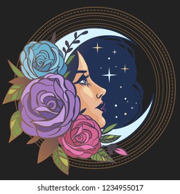 Female face with roses, Moon and stars. Vector hand drawn tattoo illustration