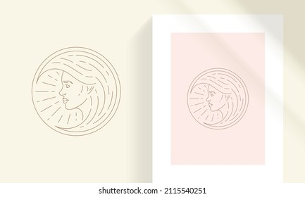 Female Face In Round Frame Line Art Style Vector Illustration. Boho Female Face As Moon Crescent Linear Drawing For Poster And Magic Logo Emblem Decoration Or Fashion Print.