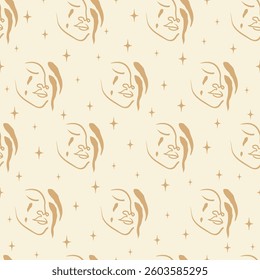 Female face seamless pattern. Aesthetic hand drawn vector line art simple style. Woman design concept art
