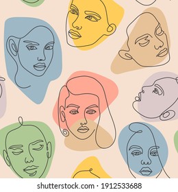 Female face seamless pattern. Modern continuous one line minimalist woman abstract portraits. Outline beauty girl heads art vector texture. Trendy design for colorful feminine textile