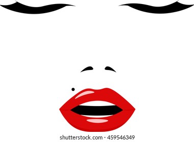 Female face with sensuous lips and long eyelashes. Vector illustration in cartoon style