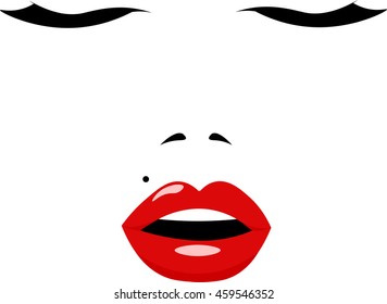 Female face with sensuous lips and long eyelashes. Vector illustration in cartoon style