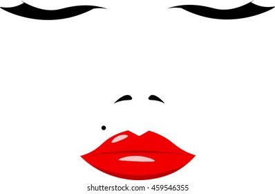 Female face with sensuous lips and long eyelashes. Vector illustration in cartoon style