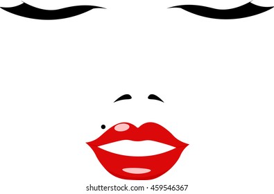 Female face with sensuous lips and long eyelashes. Vector illustration in cartoon style