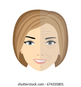 Female face, separation smooth skin and skin with wrinkles. Comparison of young and old half of face. Rejuvenation, antiaging care, medical therapy, skin health protection. Vector illustration 