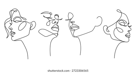 Rosto Feminino Definir Desenho De Linha Contínuo. Perfil da mulher, conceito de moda minimalista, beleza feminina uma linha de arte, ilustração de vetor. Mulher Contemporânea Retrato Estilo Minimalista. Não é IA