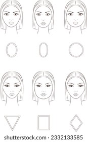 Female face Set of geometric shapes facial structures. Front side portrait. Beautiful woman sketch. Template for beauty industry. Vector illustration.