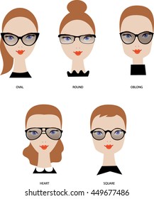 Female Face Shapes. Woman Glasses Types. Round, Oval, Rectangle, Square, Heart. Beauty Vector Illustration.