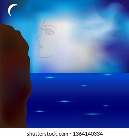 Female face showing through clouds vector design