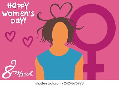  Female Face with female sign,hearts on rose Background for Happy Women's Day.