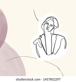 female face silhouette hand drawn in graphic style one line on unusual background in abstract style with freehand shapes in pastel colors. Contemporary trendy composition. 