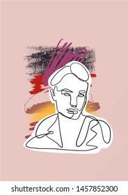female face silhouette hand drawn in graphic style one line on unusual background in abstract style with freehand shapes in pastel colors. Contemporary trendy composition. 