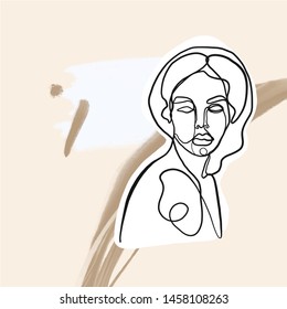 female face silhouette hand drawn in graphic style one line on unusual background in abstract style with freehand shapes in pastel colors. Contemporary trendy composition. 
