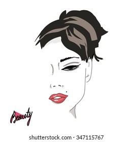 Female face silhouette with red lips. Hand drawing, lettering, fashion, beauty face, sketch