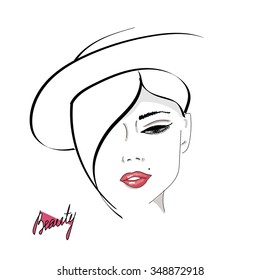 Female face silhouette with red lips. Hand drawing, lettering, fashion, beauty, sketch
