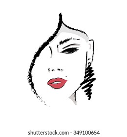 Female face silhouette with red lips. Hand drawing, lettering, fashion, beauty, sketch