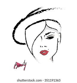 Female face silhouette with red lips. Hand drawing, lettering, fashion, beauty, sketch