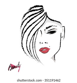 Female face silhouette with red lips. Hand drawing, lettering, fashion, beauty, sketch