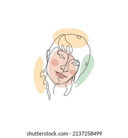 Female face single line drawing and pastel abstract shapes composition. Portrait of young beautiful girl line art.