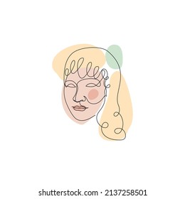 Female face single line drawing and pastel abstract shapes composition. Portrait of young beautiful girl line art.