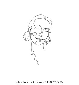 Female face single line drawing. Portrait of young beautiful girl line art.