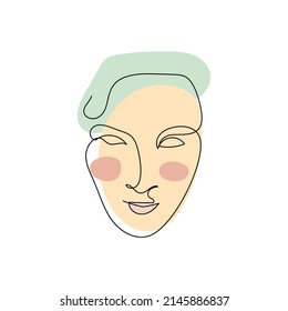 Female face single line drawing and pastel abstract shapes composition. Portrait of young beautiful girl line art.