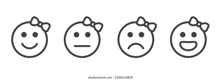 Female Face smile icon positive, negative and neutral opinion vector rate signs, Emoticons mood scale on white background. Angry, sad, neutral and happy emoticon set. funny cartoon Emoji icon. 