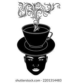 Female face with steaming cup of tea or coffee as her hat. Creative funny beverage concept. Black and white silhouette.