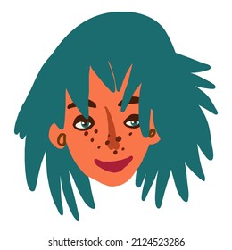 Female face sticker handdrawn illustration. Funny face and hairstyle