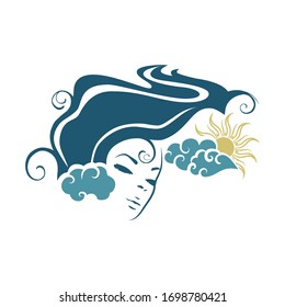 female face surrounded by clouds and sun, vector