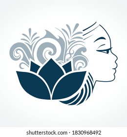 female face surrounded by leaves and lotus flower