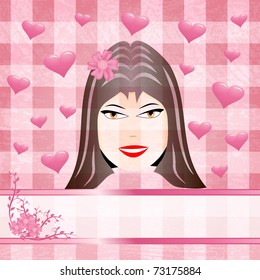 Female face surrounded with hearts on the pink background