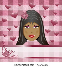 Female face surrounded with hearts on the purple background