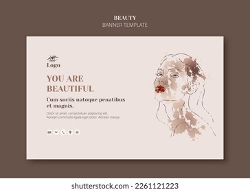 Female face in trendy art style. Line art in an elegant style with watercolor paint banner template. Beautiful woman face contour grunge brush vector illustration. Vitiligo skin. Beauty design 