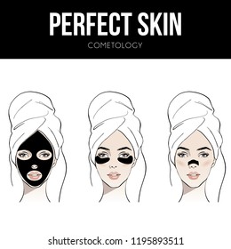 Female face with various beauty masks outline drawing. Set of Beautiful young women face with white towel on her head. Cosmetology. Perfect skin. Beauty spa concept. Sketch drawing