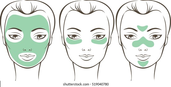 Female Face With Various Beauty Masks Outline Drawing