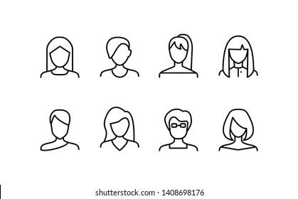 Female Face Various Types Signs Thin Line Icon Set Include of Avatar User, Portrait or Person Head. Vector illustration of Icons
