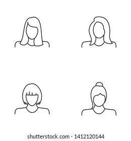 Female Face Various Types Signs Thin Line Icon Set Include of Avatar User, Portrait or Person Head. Vector illustration of Icons